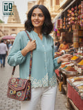 Wiora Teal Blue Embroidered Button-Down Shirt – Elegant Floral Hem Detail
