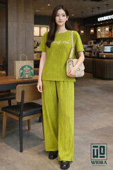 Wiora Pista Green Ribbed Co-Ord Set – Relaxed Fit Top & Wide-Leg Pants