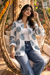 Blue Round Floral Printed Cotton Mix Shirt for Women – Casual Button-Down Overshirt
