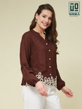 Wiora Brown Embroidered Button-Down Shirt with Floral Hem Detail