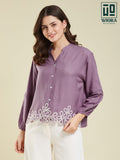 Wiora Mauve Embroidered Button-Down Shirt – Elegant Floral Hem Detail