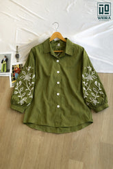 Wiora Olive Green Embroidered Button-Down Shirt with Floral Sleeve Detail