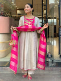 Pink Silk Suit Set with Double Zari Jacquard Dupatta & Heavy Embroidery