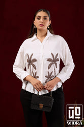 Ivory White Embroidered Shirt with Palm Tree Motif