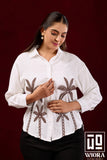 Ivory White Embroidered Shirt with Palm Tree Motif
