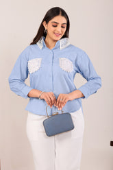 Classic Light Blue Pocket Shirt with White Lace Detailing