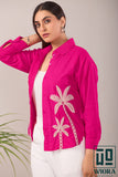Fuchsia Pink Embroidered Shirt with Palm Tree Motif