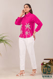 Fuchsia Pink Embroidered Shirt with Palm Tree Motif