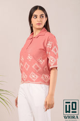 Stylish Light Pink Fulkari Printed Top with Lace Accents