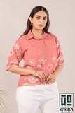 Stylish Light Pink Fulkari Printed Top with Lace Accents