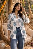 Blue Round Floral Printed Cotton Mix Shirt for Women – Casual Button-Down Overshirt