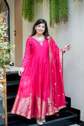 Maharani Pink Premium Banarasi Anarkali Set with Heavy Embroidery & Zari Weaving