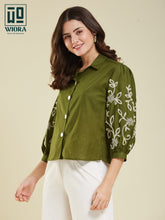 Wiora Olive Green Embroidered Button-Down Shirt with Floral Sleeve Detail