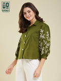 Wiora Olive Green Embroidered Button-Down Shirt with Floral Sleeve Detail