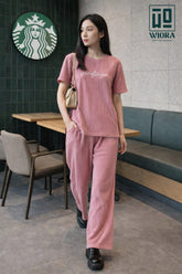Wiora Pink Ribbed Co-Ord Set – Relaxed Fit Top & Wide-Leg Pants