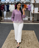Wiora Mauve Embroidered Button-Down Shirt – Elegant Floral Hem Detail