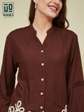 Wiora Brown Embroidered Button-Down Shirt with Floral Hem Detail