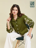 Wiora Olive Green Embroidered Button-Down Shirt with Floral Sleeve Detail