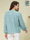 Wiora Teal Blue Embroidered Button-Down Shirt – Elegant Floral Hem Detail