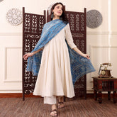 Elegant Off-White Flared Kurta Set with Indigo Ethnic Dupatta