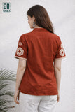 Wiora Orange Embroidered Shirt with Floral Motif