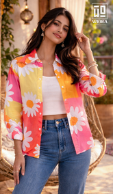 Sunflower Bloom Printed Cotton Mix Shirt for Women – Casual Summer Floral Overshirt