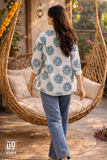 Blue Round Floral Printed Cotton Mix Shirt for Women – Casual Button-Down Overshirt