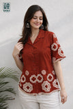 Wiora Orange Embroidered Shirt with Floral Motif