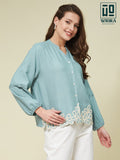 Wiora Teal Blue Embroidered Button-Down Shirt – Elegant Floral Hem Detail