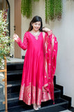 Maharani Pink Premium Banarasi Anarkali Set with Heavy Embroidery & Zari Weaving