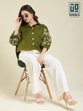 Wiora Olive Green Embroidered Button-Down Shirt with Floral Sleeve Detail