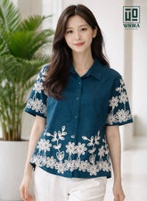 Wiora Teal Blue Floral Embroidered Shirt – Elegant Short Sleeve Button-Down Top
