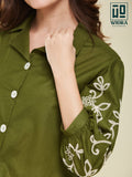 Wiora Olive Green Embroidered Button-Down Shirt with Floral Sleeve Detail