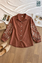 Wiora Light coffee Embroidered Button-Down Shirt with Floral Sleeve Detail