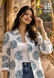 Blue Round Floral Printed Cotton Mix Shirt for Women – Casual Button-Down Overshirt