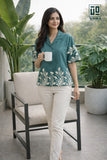 Wiora Forest Leaf Embroidered Shirt – Elegant Short Sleeve Button-Down Top