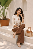 Elegant Cream Floral Embroidered Mandarin Collar Shirt