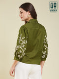 Wiora Olive Green Embroidered Button-Down Shirt with Floral Sleeve Detail