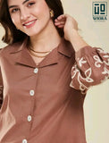 Wiora Dusty Rose Embroidered Button-Down Shirt with Floral Sleeve Detail