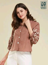 Wiora Light coffee Embroidered Button-Down Shirt with Floral Sleeve Detail