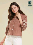 Wiora Light coffee Embroidered Button-Down Shirt with Floral Sleeve Detail