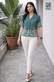 Wiora Forest Leaf Embroidered Shirt – Elegant Short Sleeve Button-Down Top