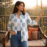 Blue Round Floral Printed Cotton Mix Shirt for Women – Casual Button-Down Overshirt