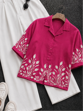 Wiora Fuchsia Pink Leaf Embroidered Shirt – Elegant Short Sleeve Button-Down Top
