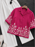 Wiora Fuchsia Pink Leaf Embroidered Shirt – Elegant Short Sleeve Button-Down shirt