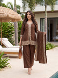 Premium Chocolate Brown Embroidered Kurta Pant Set with Elegant Organza Dupatta