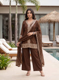 Premium Chocolate Brown Embroidered Kurta Pant Set with Elegant Organza Dupatta