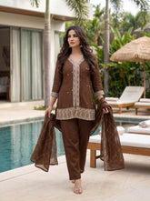 Premium Chocolate Brown Embroidered Kurta Pant Set with Elegant Organza Dupatta