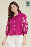 Wiora Fuchsia Pink Embroidered Button-Down Shirt with Palm Tree Motif