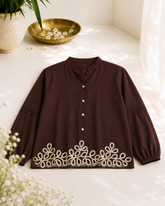 Wiora Brown Embroidered Button-Down Shirt with Floral Hem Detail